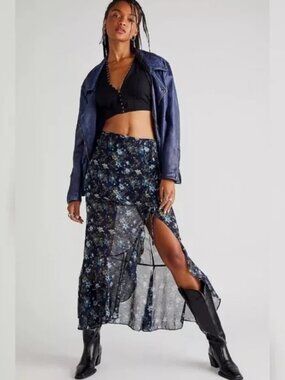 FREE PEOPLE NWT Femme Edge Maxi Skirt / Ink Combo  Size 8